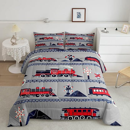 Red Train Toddler Bedding Set King Size for Girls Kids Boys Cartoon Car Comforter, Vintage Style Steam Engine Bedding Comforter Sets Traffic Transportation Track Duvet Set with 2 Pillowcases