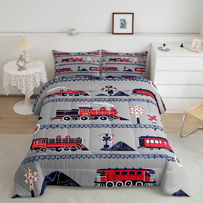 Red Train Toddler Bedding Set Full Size for Girls Kids Boys Cartoon Car Comforter, Vintage Style Steam Engine Bedding Comforter Sets Traffic Transportation Track Duvet Set with 2 Pillowcases