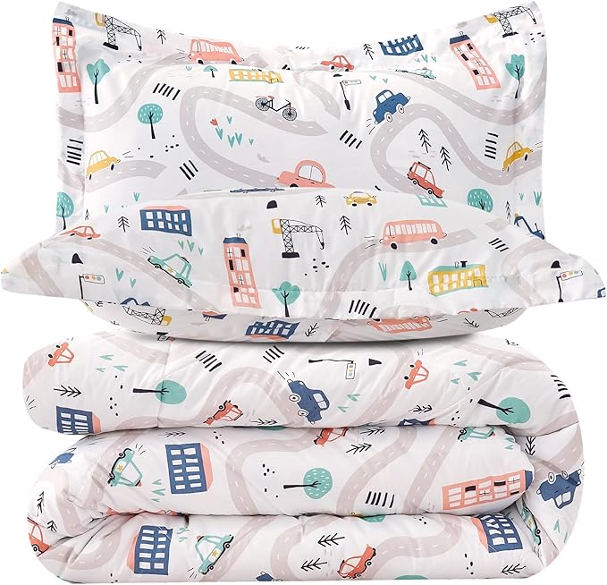 JSD Car Kids Comforter Set Full Size, 3 Piece Printed Microfiber Comforter with Pillow Sham, Lightweight All Season Washable