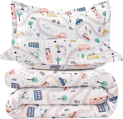 JSD Car Kids Comforter Set Full Size, 3 Piece Printed Microfiber Comforter with Pillow Sham, Lightweight All Season Washable