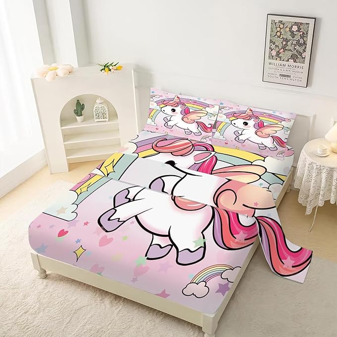 Pink Unicorn Sheet Set: Rainbow Unicorn Bedding Twin Size for Kids Girls Teens Bedroom Bed - 1 Flat Sheet, 1 Fitted Sheet, 1 Pillowcase