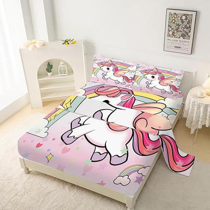 Pink Unicorn Sheet Set: Rainbow Unicorn Bedding Twin Size for Kids Girls Teens Bedroom Bed - 1 Flat Sheet, 1 Fitted Sheet, 1 Pillowcase