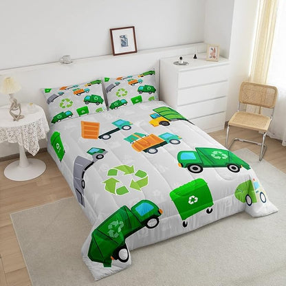 Feelyou Green Garbage Truck Bedding Set - Cartoon Trash Truck Comforter Set for Kids Boys Girls Teens - Green Vehicle Car Comforter Duvet Set with 1 Pillow Case