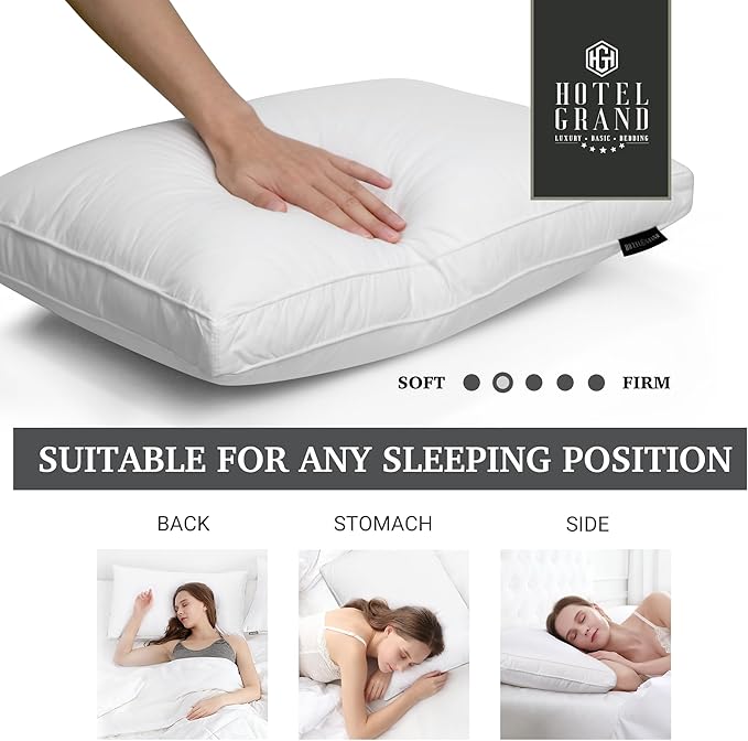Hotel Grand Goose Feather Down Fiber Pillows Queen Size Set of 2, 100% Cotton Cover Hotel Collection Gusseted Bed Pillows for Back, Stomach or Side Sleepers, White