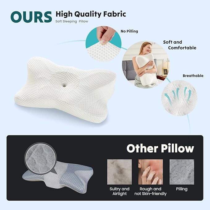 Smug Cervical Neck Pillow, Cooling Ergonomic Memory Foam Pillows for Neck Pain Relief with Breathable Pillowcase, Dual Height Orthopedic Support Contour Pillow for Side, Stomach Sleepers, White