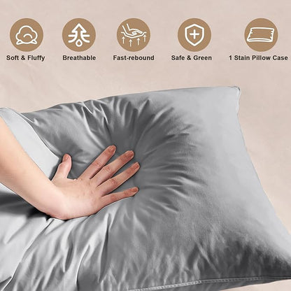 BHZ Grey Satin Goose Down Feather Pillows Standard Size with Pillowcase for Hair and Skin, Cooling Pillow Cases Similar to Silk Pillow Cases, Decorative for Women, Mom Men