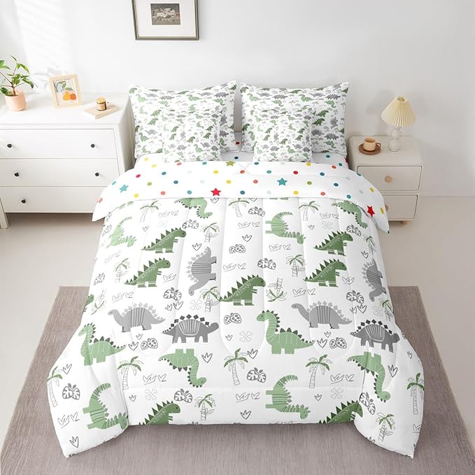 Feelyou Cute Dinosaur 7 Piece Bedding Set Green Grey Dinosaur Comforter Set with Sheets for Kids Boys Girls Nutrue Palm Tree Bed in a Bag Animal Theme Bed Set Soft Lightweight