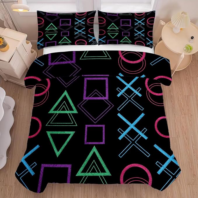 Game Bedding Set King Size Geometric Comforter for Kids Boys Men Black Abstract Bedroom Decor Quilt Bed Sets, 1 Comforter 2 Pillowcases