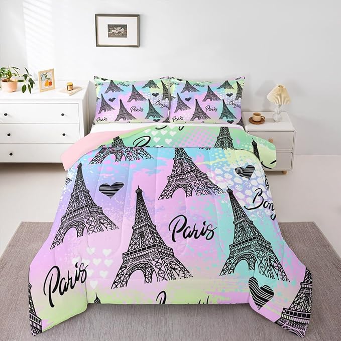 Eiffel Tower Comforter Set King,Rainbow Watercolor Tie Dye Quilt Set Romantic Graffiti City View Bedding Set for Kids Teens Adults Room Decor,Black Sketch Paris Themed Duvet Insert,2 Pillowcases