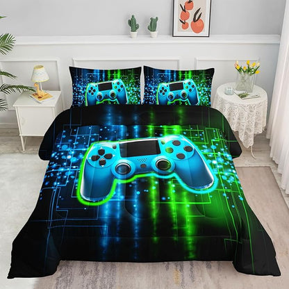Green Gamepad Comforter Set 3D Gamepad Printed Bedding Set with 1 Comforter and 2 Pillowcases for Boys and Girls Bedroom All Season(Gamepad Queen)