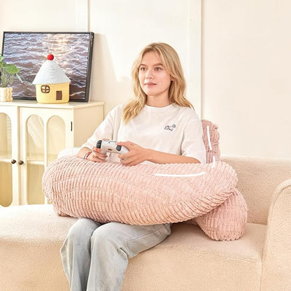 Back Pillow for Bed Sitting Up,U Shaped & Back Support Pillow for Bed,19" Backrest with Lumbar & Arm Support,Comfy Corduroy Fabric,Lap Pillow for Gaming/Reading/Watching TV,Pink