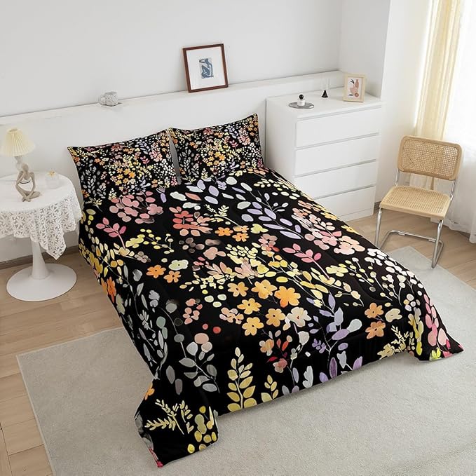 Erosebridal Boho Yellow Flower Comforter Set Twin Size for Girls Women,Cute Colorful Flowers Bedding Set Rustic Decor for Bedroom,Watercolor Floral Quilt Bed Set Wildflower Bed Comforter Set 2Pcs