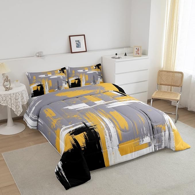 Abstract Bedding Set Kids Modern Abstract Art Comforter Set Yellow Grey Black Comforter for Boys Room Decor Lightweight Retro Duvet Set Toddler Size with 1 Pillow Case