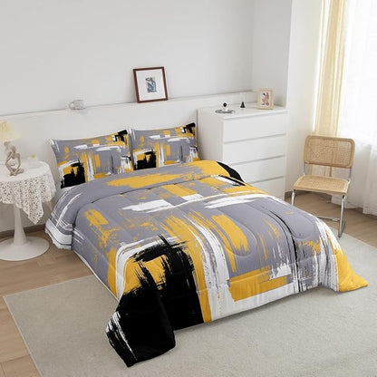 Abstract Bedding Set Kids Modern Abstract Art Comforter Set Yellow Grey Black Comforter for Boys Room Decor Lightweight Retro Duvet Set Toddler Size with 1 Pillow Case