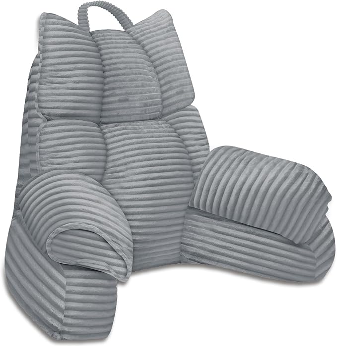 RRPAHWTV Reading Pillow for Bed with High Arm Rests,Back Support Pillow for Sitting Up in Bed with Shredded Memory Foam for Reading, TV, Gaming or Relaxing on Floor（Smoke Gray, Large）