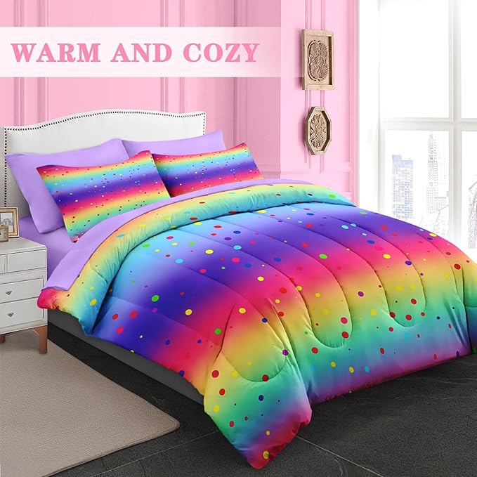 Comforter Set Twin Size, Cute Rainbow Polka Dot 5 Pcs Bedding for Kids and Adults, Colorful Glitter Bed Sheet Sets with Fitted Sheet Pillowcase & Sham for Bedroom Bed Decor