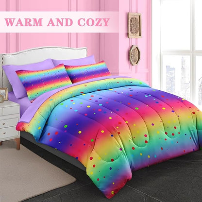 Comforter Set Full Size, Cute Rainbow Polka Dot 7 Pcs Bedding for Kids and Adults, Colorful Glitter Bed Sheet Sets with Fitted Sheet 2 Pillowcases & 2 Shams for Bedroom Bed Decor