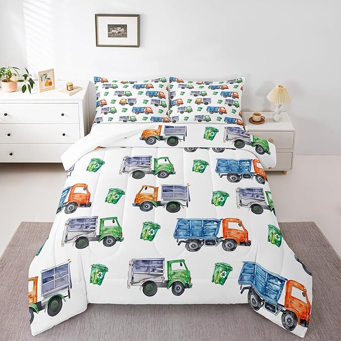 Cartoon Garbage Truck Bedding Green Trash Truck Comforter Set for Kids Boys Girls Toddler Green Vehicle Car Bedding Set Refuse Classification Garbage Truck Print Duvet Set 2 Pieces Toddler Size