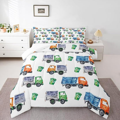 Cartoon Garbage Truck Bedding Green Trash Truck Comforter Set for Kids Boys Girls Toddler Green Vehicle Car Bedding Set Refuse Classification Garbage Truck Print Duvet Set 2 Pieces Toddler Size