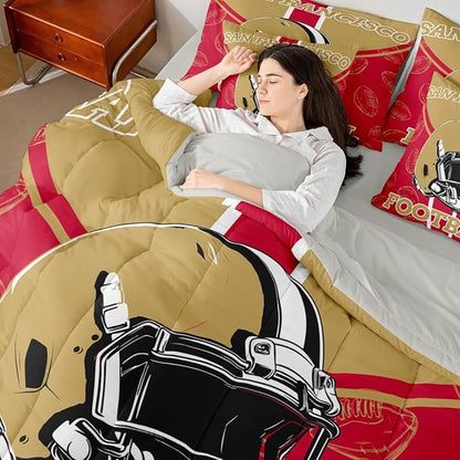 Feelyou Football Comforter Set with Sheets 7 Piece King Size Ball Games Bed in a Bag Kids Boys Girls Rugby Bedding Set City of Footballs Bedroom Decor Rugby Sports