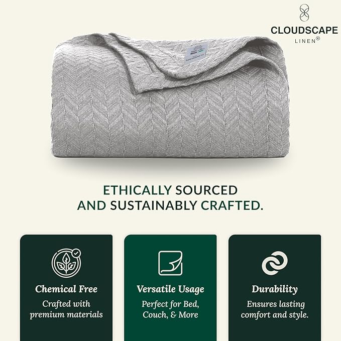 Cloud Scape Linen 100% Cotton Blanket Queen Size - Heavy and Soft, Season, Winter Cozy Blanket, Herringbone Weave, Best Gift for Women, fits Full Size Bed, 92x92, Light Grey