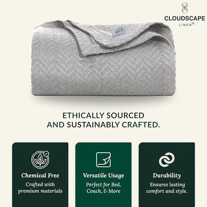 Cloud Scape Linen Herringbone Cotton Twin Blanket for Couch, Bed,Sofa, Home Decor, Soft, Weighted, All-Season, Winter Bed Blanket, Best Gift Idea, 68 x92, Light Grey