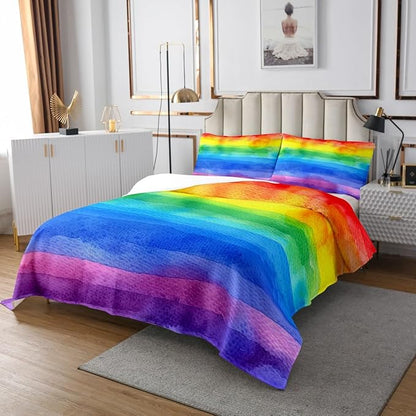 Erosebridal Rainbow Bedspread Twin Size Abstract Watercolor Coverlet Set, Pastel Colorful Decor Bedding Set, Decorative 2 Pcs Bedding Set with 1 Pillowcase, Watercolor
