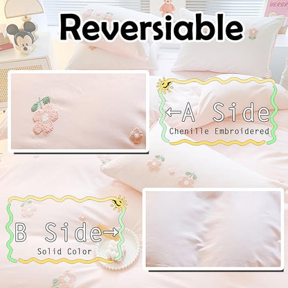 MorroMorn Twin Duvet Cover Cotton, 3D Embroidery Twin Bedding Sets Pink Bed Set, Fluffy Chenille Embroidered Comforter Covers Soft Sweat-Absorbing for Girls Kids Teen (Flowers Pink, Twin/Twin XL)