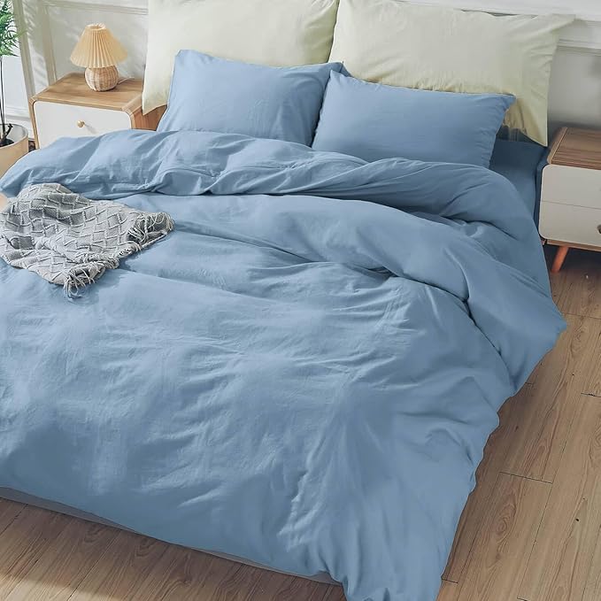 NEXHOME PRO Duvet Cover Set 100% Washed Cotton Full Size Linen Feel Textured Organic Natural 3 Pieces Bedding Set Royal Navy Klein Blue with Zipper Closure and Corner Ties, Breathable