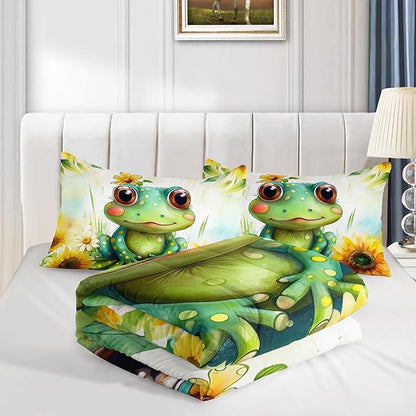 Cartoon Green Frog Bedding Set 3Pcs Yellow Sunflower Comforter Full Colorful Floral Botanical Pattern Quilt Set for Kids Teens Girls Boys Bed Decor Set with 1 Comforter and 2 Pillowcases