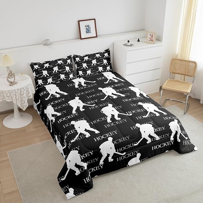 Castle Fairy Ice Hockey Comforter Set,Gray Hockey Player Bedding Set for Kids Girls Women,Adults Winter Sports Comforter,Hockey Sports Event Quilted Duvet Set Bedroom Collection Twin Size 2Pcs