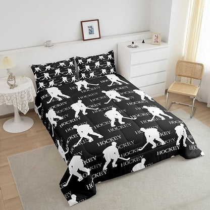 Castle Fairy Ice Hockey Comforter Set,Gray Hockey Player Bedding Set for Kids Girls Women,Adults Winter Sports Comforter,Hockey Sports Event Quilted Duvet Set Bedroom Collection Twin Size 2Pcs