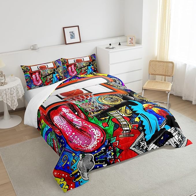 Castle Fairy Basketball Graffiti Comforter Set Queen Size Street Art Bedding Set for Kids Boys Girls Bedroom Decoration Sports Gaming Bed Duvet Insert Boho Hippie Comforter with 2 Pillowcase