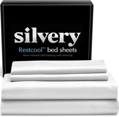 Silvery Restcool™ Silver Infused Bed Sheets Set - Award-Winning Self-Cooling Fabric for Hot Sleepers with Self-Cleaning Silvery Technology™ That Stays Fresh 3X Longer (White, King)