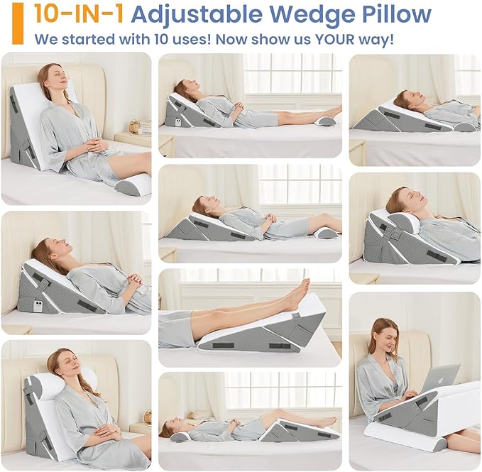 Sasttie Wedge Pillow Set for After Surgery, 2PCS Adjustable Bed Wedge Pillow Headboard with Memory Foam Neck Cushion – for Acid Reflux, Sleeping, Neck & Back Support, Dark Grey & White