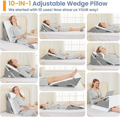 Sasttie Wedge Pillow Set for After Surgery, 2PCS Adjustable Bed Wedge Pillow Headboard with Memory Foam Neck Cushion – for Acid Reflux, Sleeping, Neck & Back Support, Dark Grey & White