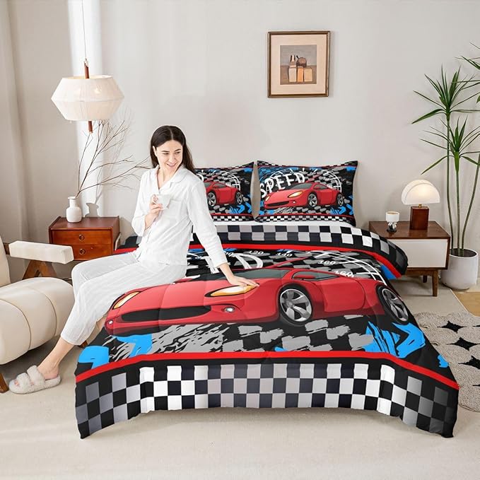 Feelyou Boys Race Car Bedding Set Cool Race Sports Car Set Comforter Set for Kids Boys Sports Theme Duvet Set Checkered Comforter Red 1 Comforter Set with 1 Pillowcase Twin Size