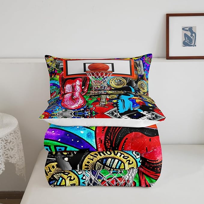 Castle Fairy Basketball Full Size Comforter Set Sports Gaming Bedding Set for Kids Adults Teens Colorful Graffiti Comforter Luxury Hip Hop Style Quilt Set Room Decor 3Pcs