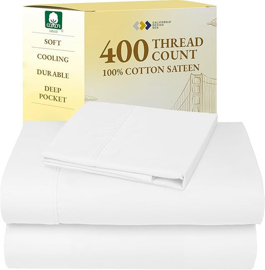 California Design Den Natural 100% Cotton Sheets, Twin Sheets Set, 400 Thread Count Sateen Bedding for Dorm Rooms & Adults, Deep Pockets with All Around Elastic, Durable - Antique White