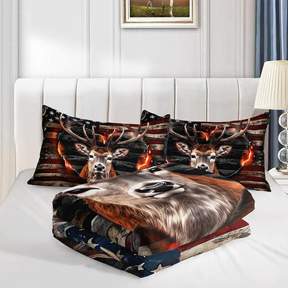 Deer Bedding Sets for Kids Boys Girls Room Decor,Hunting Themed American Flag Bedding Comforter Sets,Western Comforter Sets Camo King Bedding Set with 2 Pillowcases.