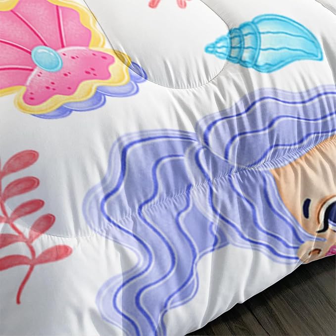 Mermaid Comforter Set Queen Size Fairy Tale Sea Shell Grass Bedding Set Starfish Quilt Bed Set for Kid Girls with 1 Comforter and 2 Pillowcases