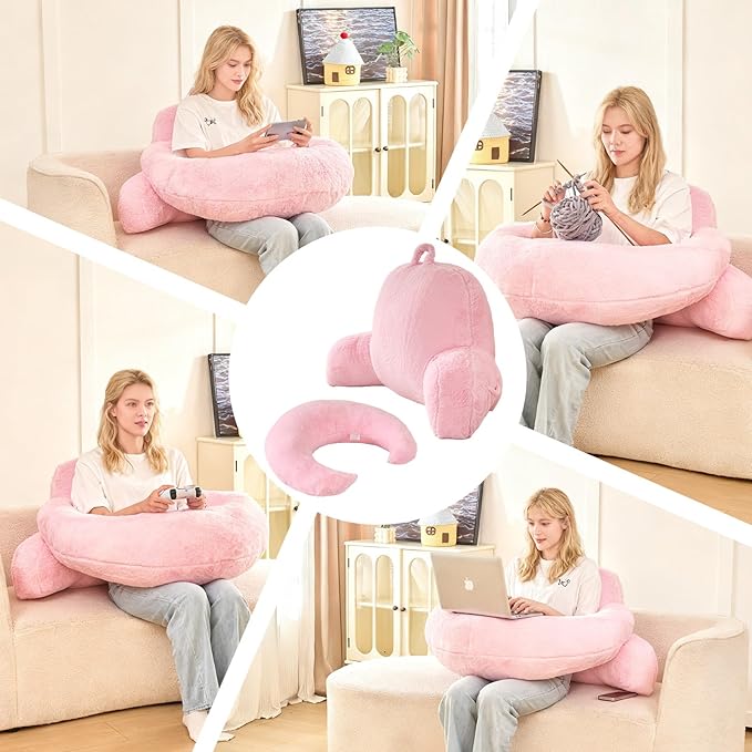 Reading Pillow for Bed,U Shaped & Back Support Pillow for Bed,19" Backrest with Lumbar & Arm Support,Luxurious Faux Rabbit Fur,Gaming PillowFor Crochet/Reading/Watching TV,Pink