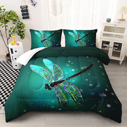 Dragonfly Queen Size Bedding Set for Kids Teens Adult, Colorful Dragonfly Comforter, Black Gradient Quilt Bedroom Decor