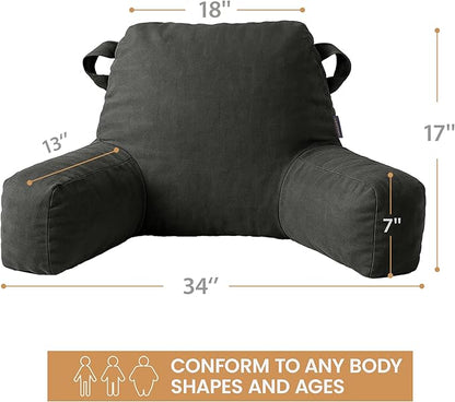 Portable Comfy Reading Pillows for Bed Sitting Up(Grey Oeko-Tex), Velvet Back Pillow with Arms & Pockets for Adults, Support Memory Foam Bed Pillow for Dorm/Reading/Watching/Gaming