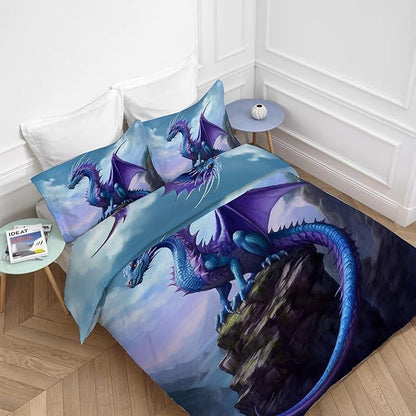 Dragon Bedding Set 3 Pieces Twin Size Purple Dragon Duvet Cover Comforter Cover Sets for Boys Girls Teens Women