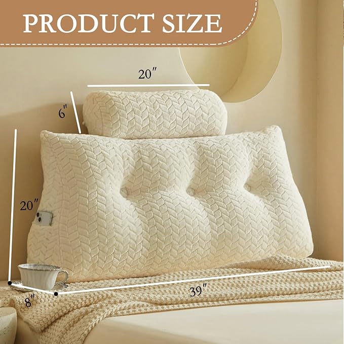 YOUR MOON Wedge Headboard Pillow Twin with 1 Pack Neck Roll Pillows, Triangular Wedge Backrest Pillow Headboard for Bed,Daybed,and Lounging, Large Bed Bolster Pillows,Off White