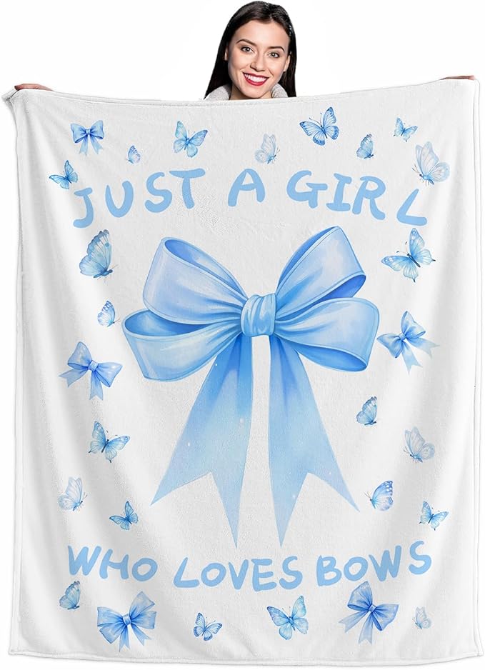 Bow Throw Blanket 60x80Inch Preppy Blanket Blue Bow Aesthetic Throw Blanket Coquette Flannel Soft Bow Plush Preppy Room Decor for Girls Women Birthday