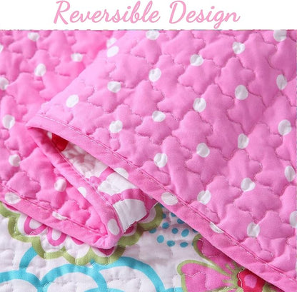 Cozy Line Home Fashions Pink Floral Polka Dot Colorful Reversible Quilt Bedding Set, Coverlet, Bedspreads for Girls (Mariah, Queen - 3 Piece)