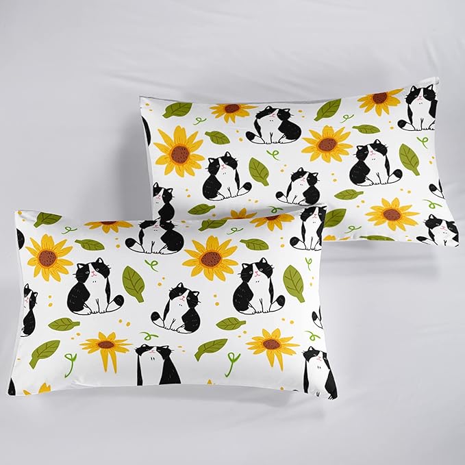 QOOMO Kawaii Cat Comforter Full Size,Sunflower Cat Comforter Set for Kids Teens Girls Boys,3Pcs Bedding Set Printed Comforter with 2 Pillowcases,Down Alternative,Soft and Lightweight，Full Size