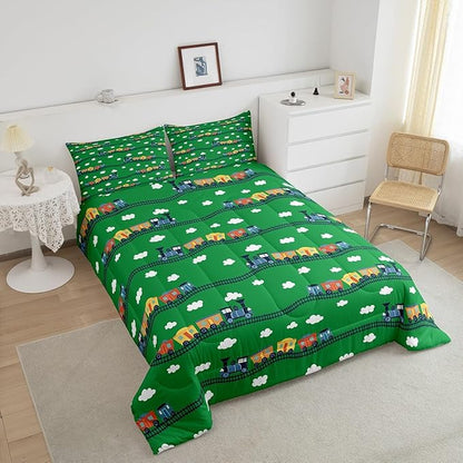 Erosebridal Locomotive Train Comforter Set Twin,Cartoon Steam Engine Truck Bedding Sets for Boys Girls Colorful Railway Car Vehicles Comforter with 1 Pillowcase
